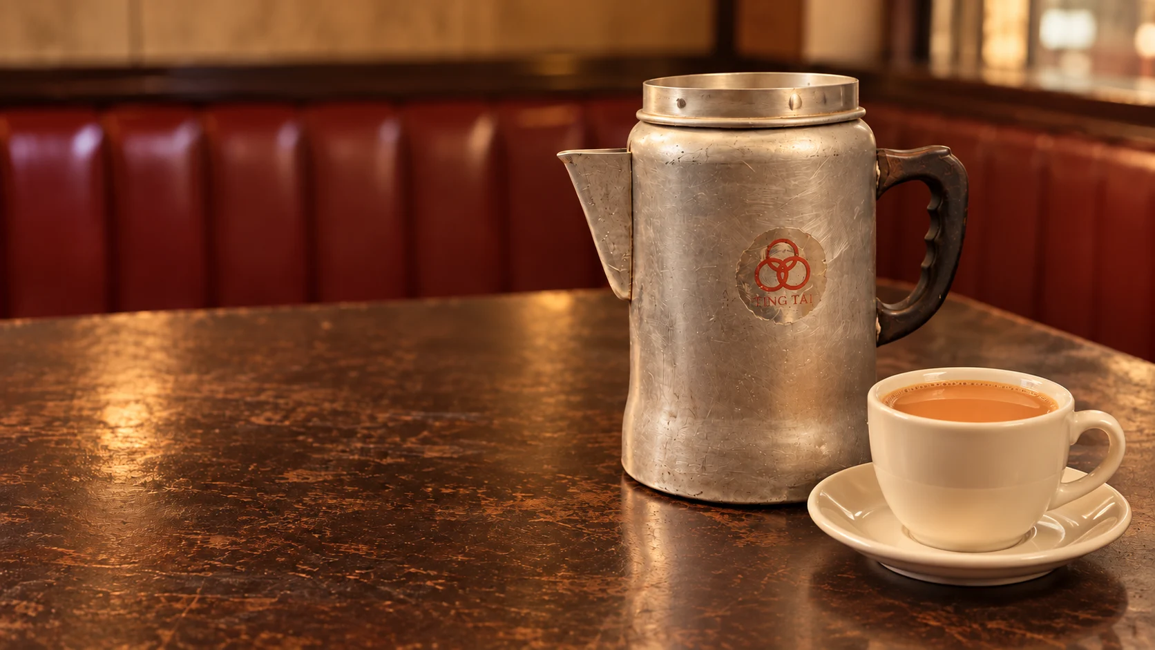 A well-used aluminium Rings Brand milk tea pot with an aged red-ring logo beside an ivory cup of milk tea in a cha chaan teng